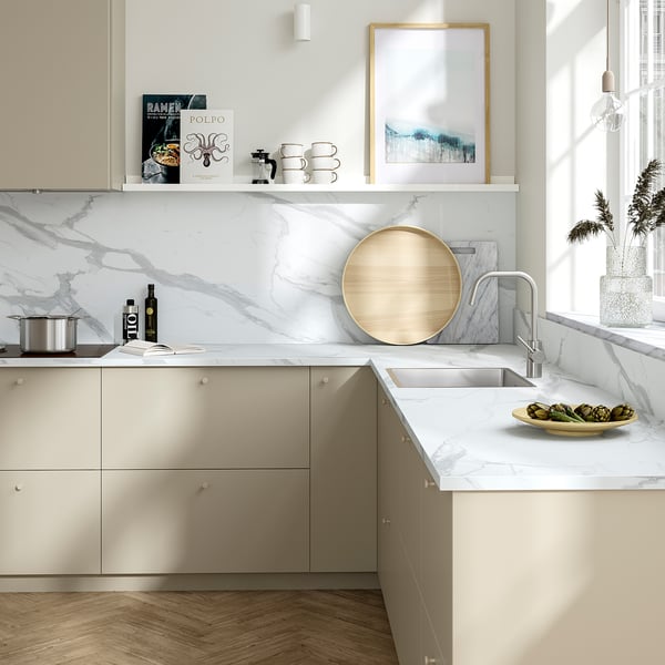 EKBACKEN worktop, white marble effect/laminate, 246x2.8 cm