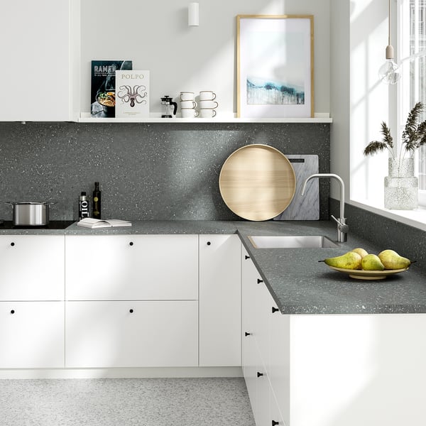 EKBACKEN worktop, grey terrazzo effect/laminate, 246x2.8 cm