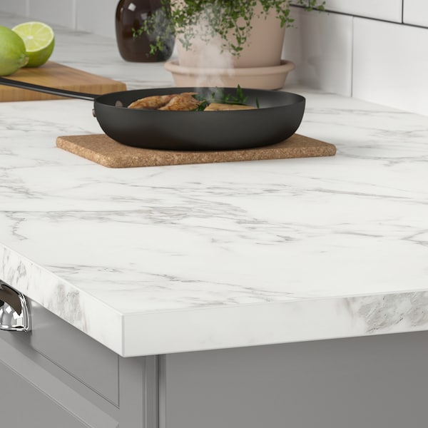 EKBACKEN - Custom made worktop, white lively marble effect/laminate, 63.6-125x2.8 cm