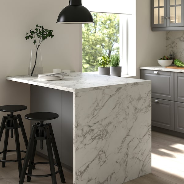 EKBACKEN - Custom made worktop, white lively marble effect/laminate, 63.6-125x2.8 cm