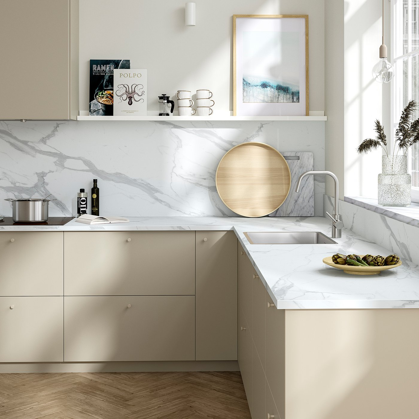 EKBACKEN custom made worktop, white marble effect/laminate, 45.1-63.5x2.8 cm