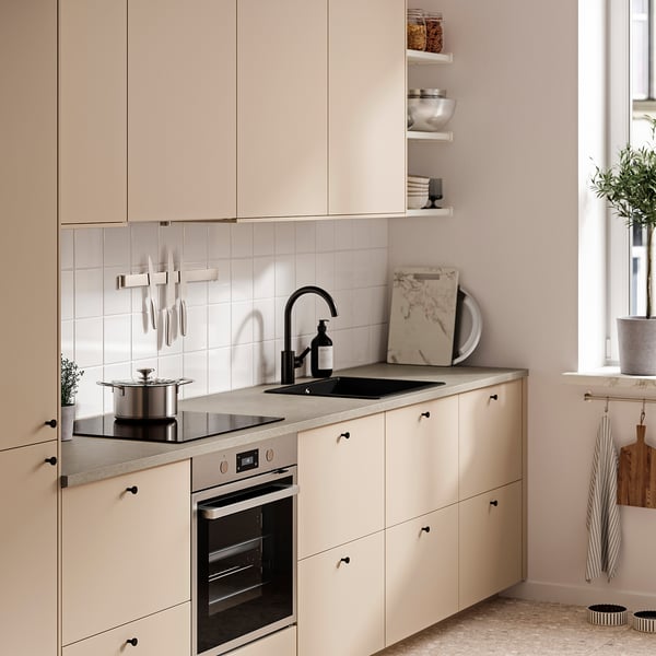 EKBACKEN custom worktop, gray-beige stone/laminate effect, 63.6-125x2.8 cm