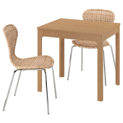 EKEDALEN / ÄLVSTA - Table and 2 chairs, oak/rattan chrome-plated, 80/120 cm