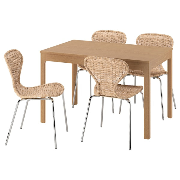 EKEDALEN / ÄLVSTA - Table and 4 chairs, oak/rattan chrome-plated, 120/180 cm