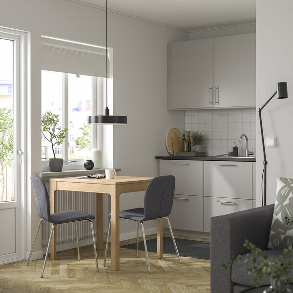 EKEDALEN / KARLPETTER - Table and 2 chairs, oak/Gunnared smoky grey chrome,80/120 cm