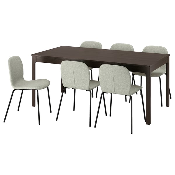 EKEDALEN / KARLPETTER table and 6 chairs, dark brown/Gunnared light green black