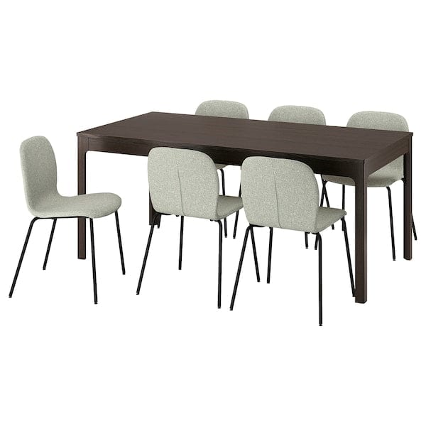 EKEDALEN / KARLPETTER table and 6 chairs, dark brown/Gunnared light green black