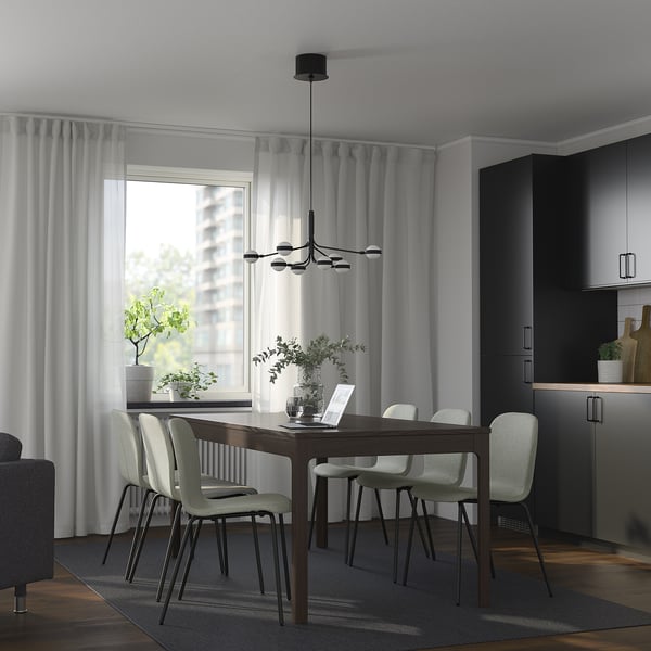 EKEDALEN / KARLPETTER table and 6 chairs, dark brown/Gunnared light green black