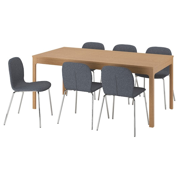 EKEDALEN / KARLPETTER - Table and 6 chairs, oak/Gunnared smoky grey chrome,180/240 cm