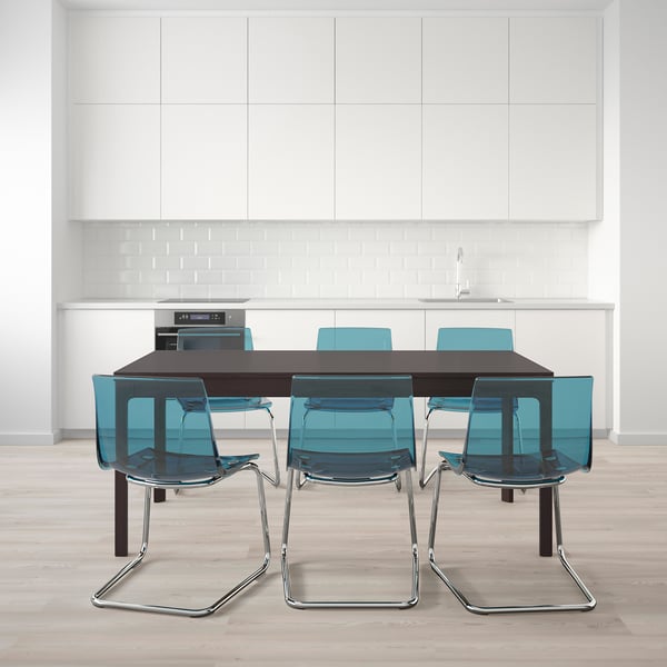 EKEDALEN / TOBIAS - Table and 6 chairs, dark brown/blue , 180/240 cm