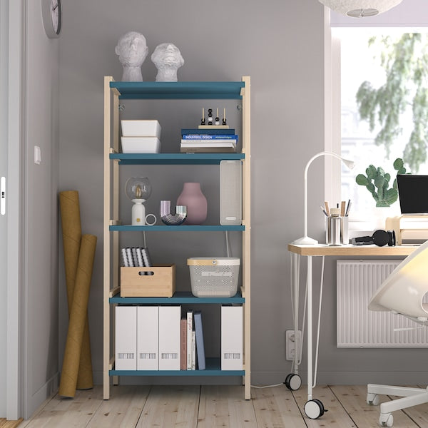 EKENABBEN open shelving unit, aspen/blue, 70x34x154 cm