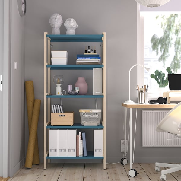 EKENABBEN open shelving unit, aspen/blue, 70x34x154 cm
