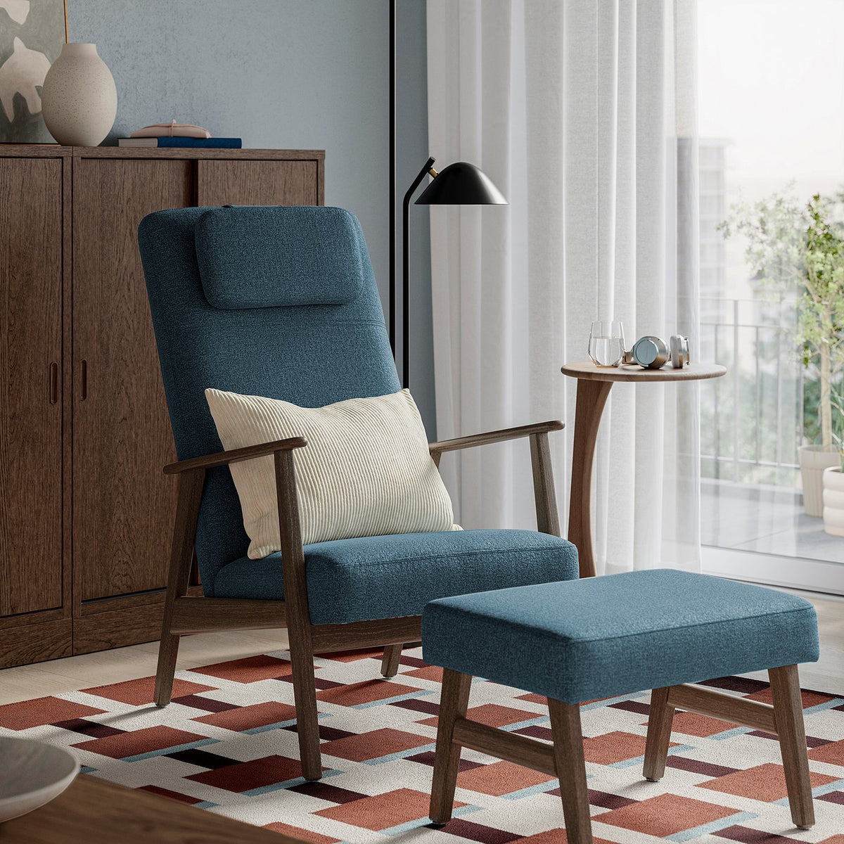 EKENÄSET high-back armchair, walnut effect/Axvall dark grey-blue, 65x107x96 cm