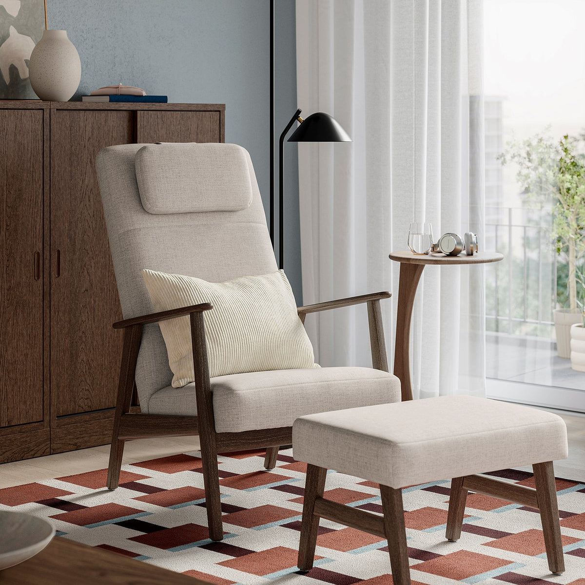 EKENÄSET high-back armchair, walnut effect/Kilanda light beige, 65x107x96 cm