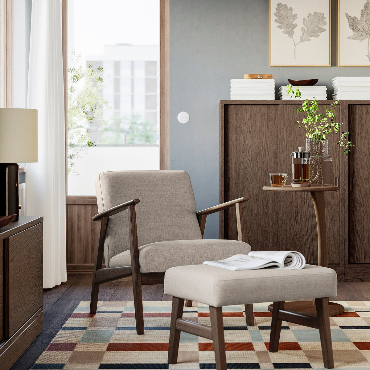 EKENÄSET armchair, walnut effect/Kilanda light beige, 65x75x74 cm
