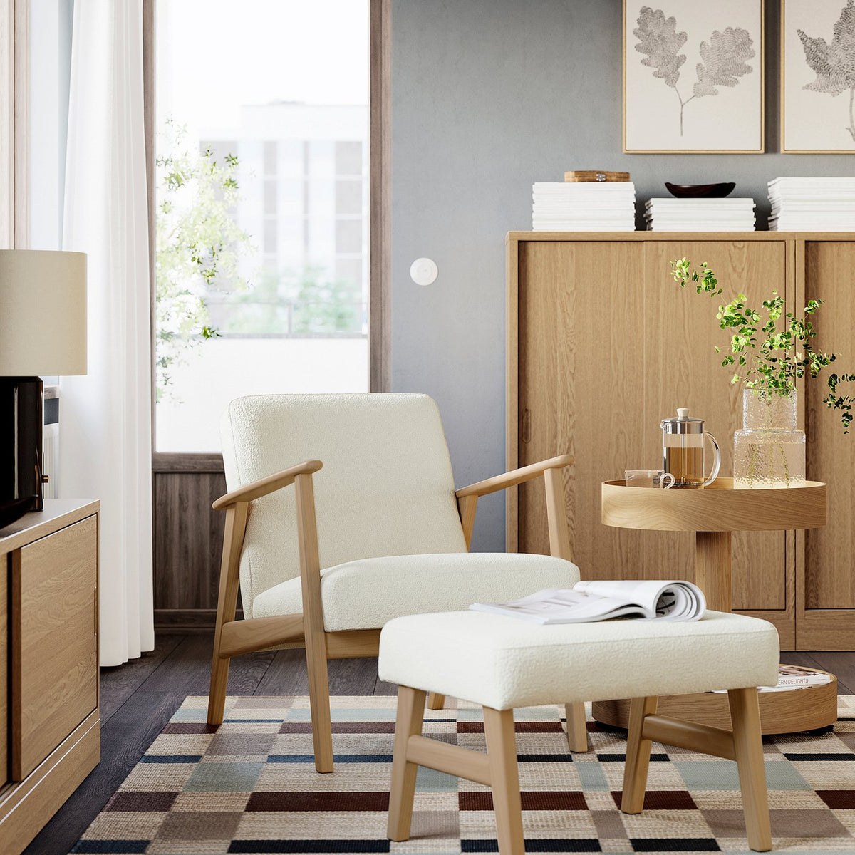 EKENÄSET armchair, oak effect/Axvall off-white, 65x75x74 cm