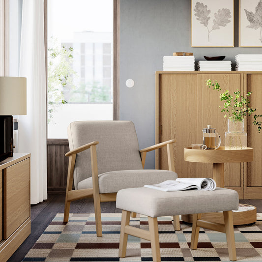 EKENÄSET armchair, oak effect/Kilanda light beige, 65x75x74 cm