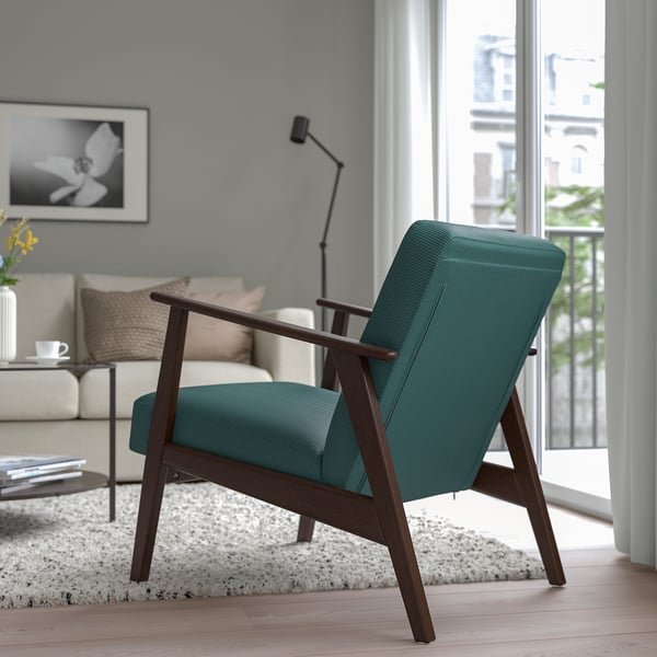 EKENÄSET armchair, Kelinge grey-turquoise, 64x76x78 cm