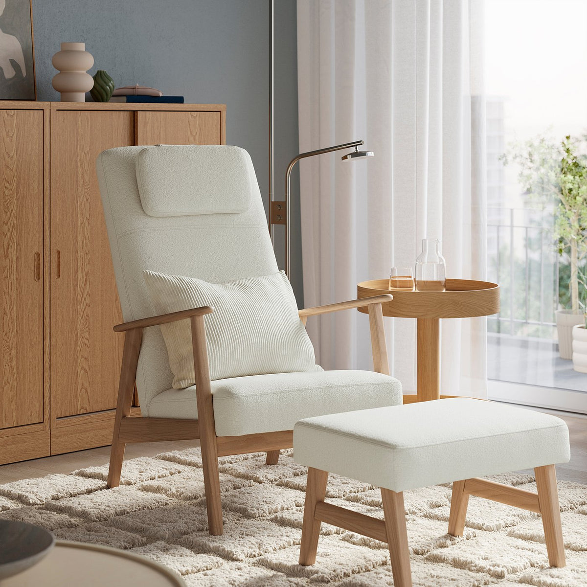 EKENÄSET high-back armchair and footstool, oak effect/Axvall off-white