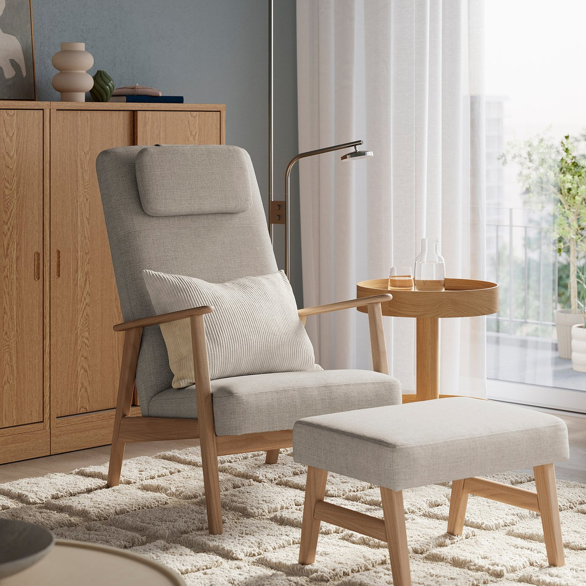 EKENÄSET high-back armchair and footstool, oak effect/Kilanda light beige