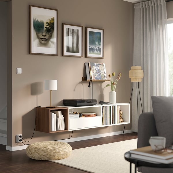 EKET - EKET Media storage combination, white/brown walnut effect, 175x35x35 cm