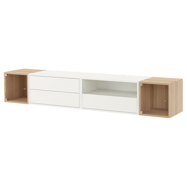 EKET media storage combination, white/white stained oak clear glass, 210x35x35 cm