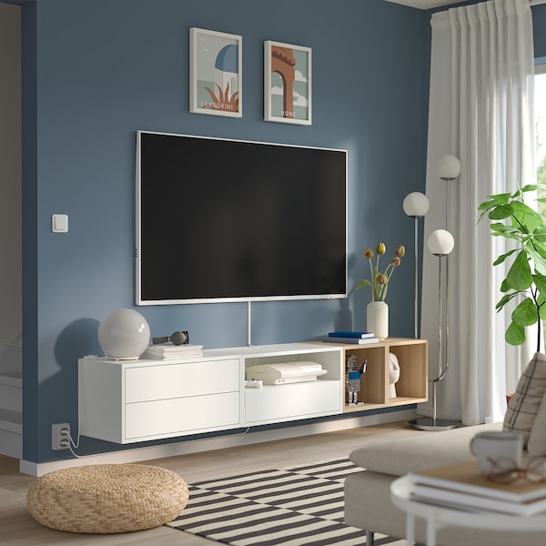 EKET media storage combination, white/white stained oak clear glass, 210x35x35 cm