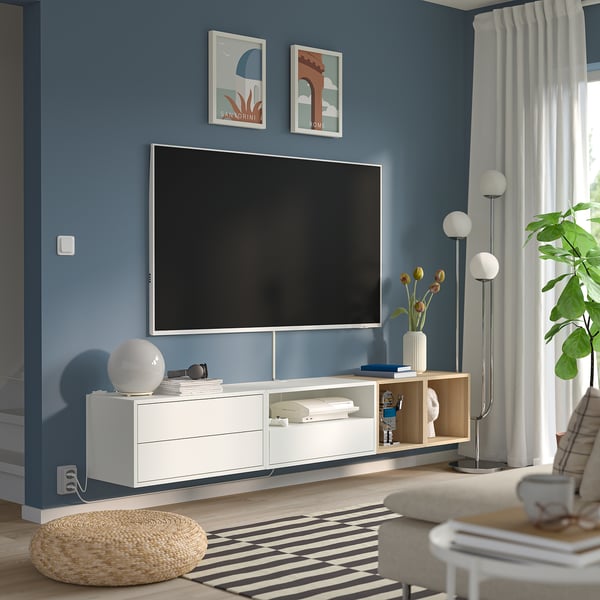 EKET media storage combination, white/white stained oak clear glass, 210x35x35 cm