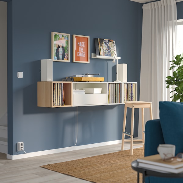 EKET - Media storage combination, white/white stained oak, 175x35x35 cm