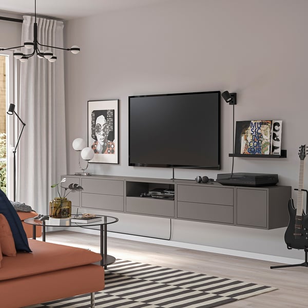 EKET media storage combination, dark grey/with doors, 280x35x35 cm