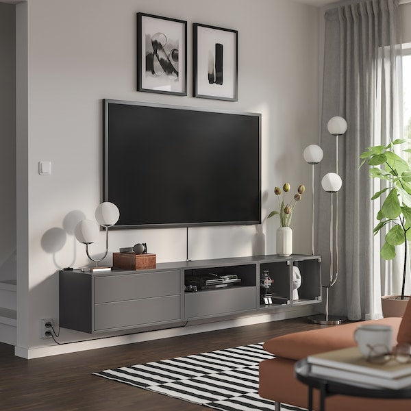EKET media storage combination, dark grey/clear glass, 210x35x35 cm