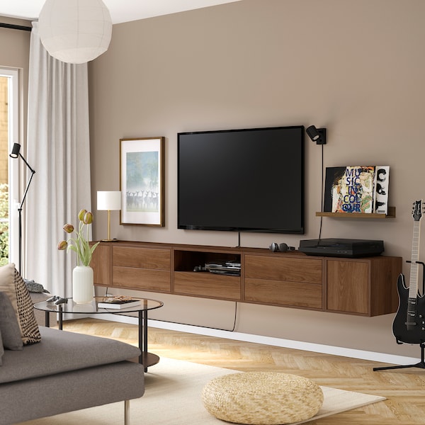 EKET - Media storage combination, brown/walnut effect with doors, 280x35x35 cm