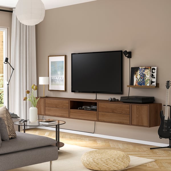 EKET media storage combination, brown/walnut effect with doors, 280x35x35 cm