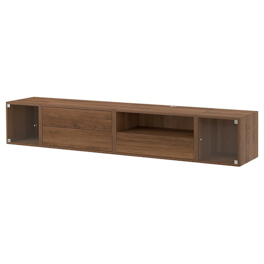 EKET - Media storage combination, brown walnut effect/clear glass, 210x35x35 cm