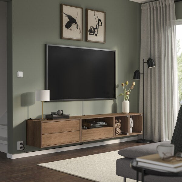 EKET media storage combination, brown walnut effect/clear glass, 210x35x35 cm