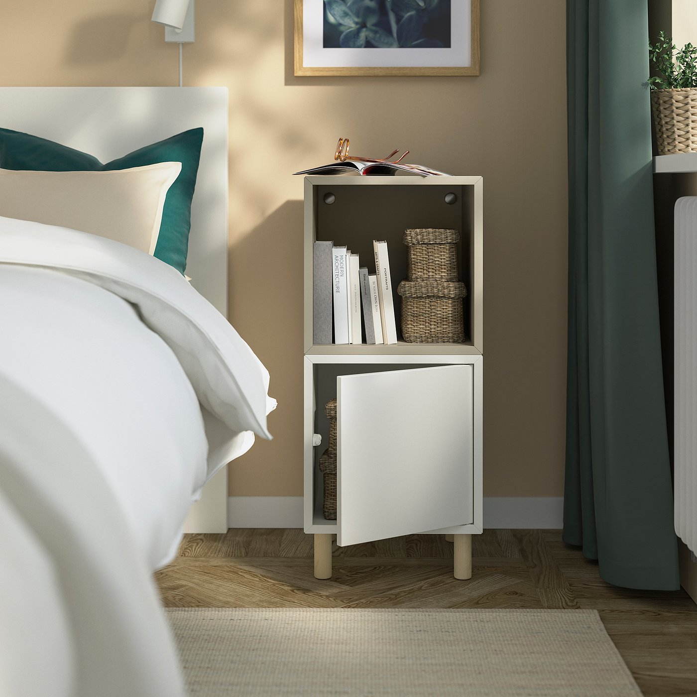EKET cabinet combination with legs, white beige/wood, 35x35x80 cm