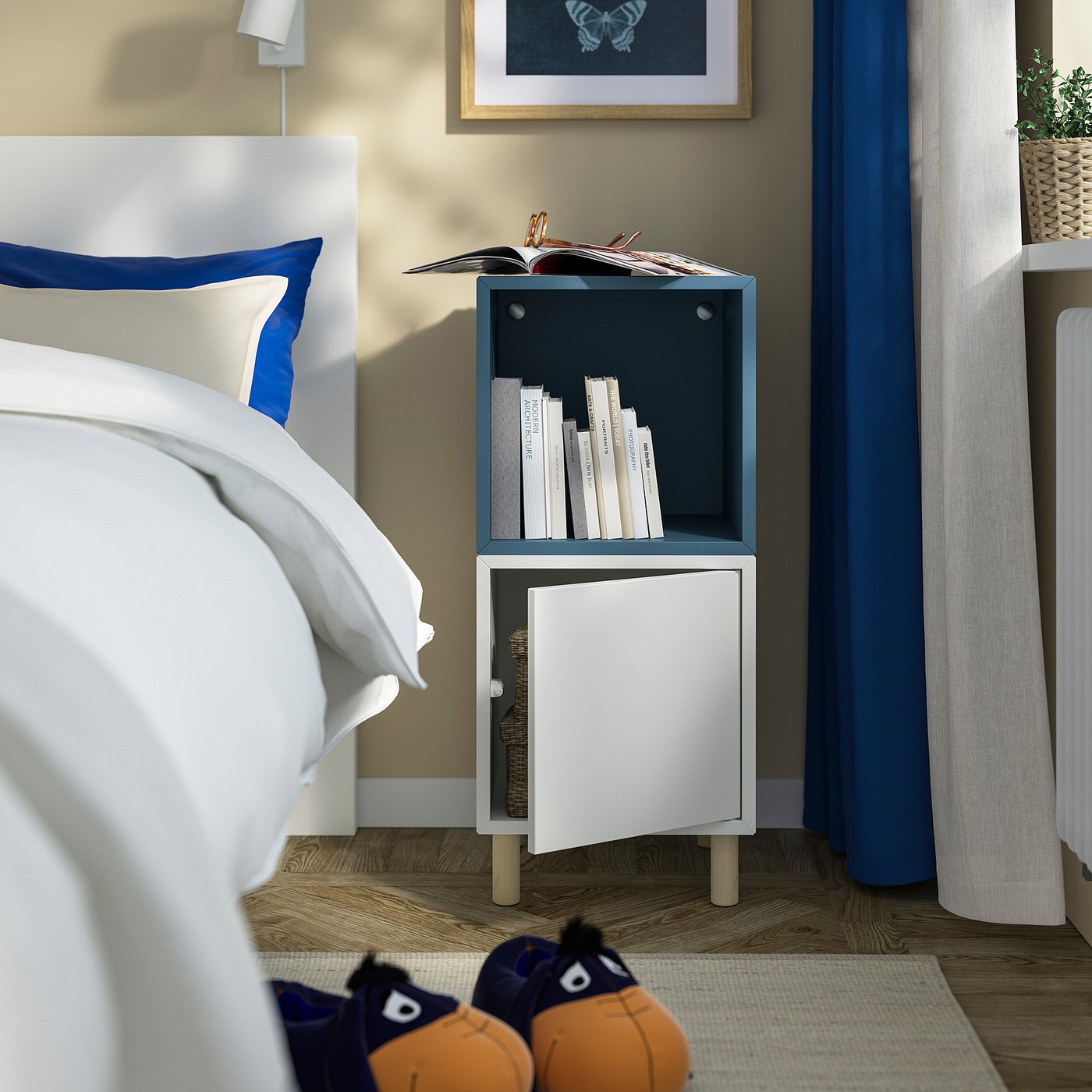 EKET cabinet combination with legs, white dark grey-blue/wood, 35x35x80 cm