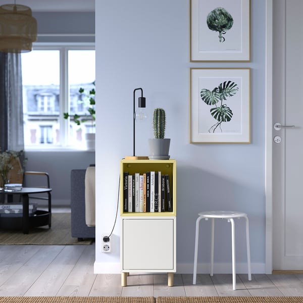 EKET cabinet combination with legs, white pale yellow/wood, 35x35x80 cm