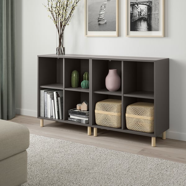 EKET cabinet combination with legs, dark grey/wood, 140x35x80 cm
