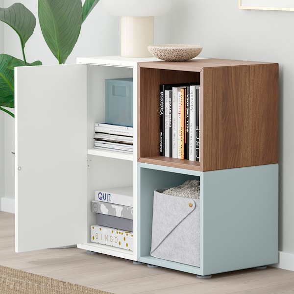 EKET - Cabinet combination with feet, white/walnut effect light grey-blue, 70x35x72 cm