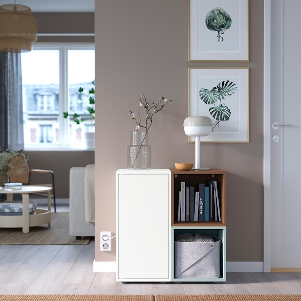 EKET - Cabinet combination with feet, white/walnut effect light grey-blue, 70x35x72 cm