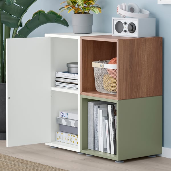 EKET cabinet combination with feet, white/walnut effect grey-green, 70x35x72 cm