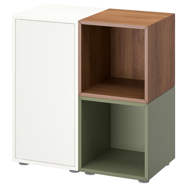 EKET cabinet combination with feet, white/walnut effect grey-green, 70x35x72 cm