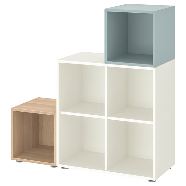 EKET - EKET Cabinet combination with feet, white/white stained oak effect light grey-blue, 105x35x107 cm