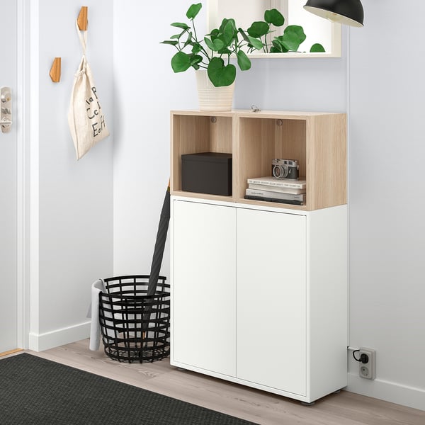 EKET cabinet combination with feet, white/white stained oak effect, 70x35x107 cm