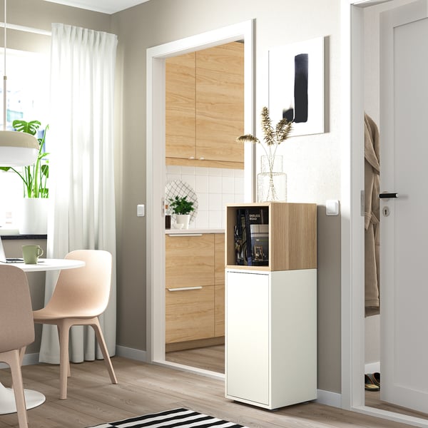 EKET cabinet combination with feet, white/white stained oak effect, 35x35x107 cm