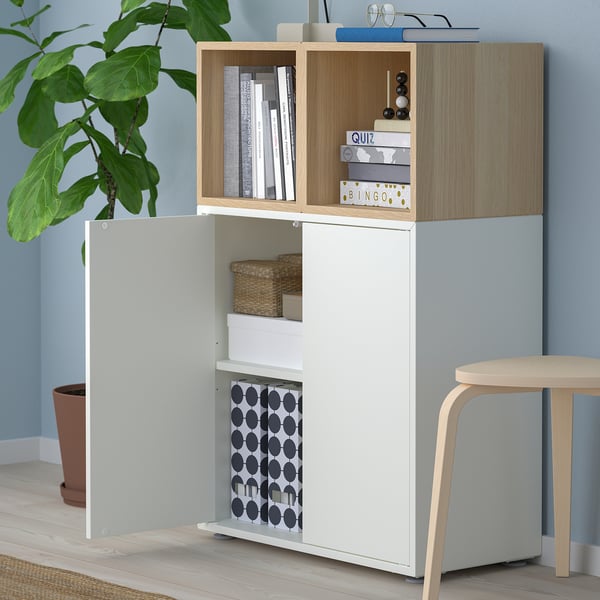 EKET cabinet combination with feet, white/white stained oak effect, 70x35x107 cm