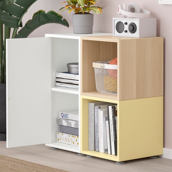 EKET cabinet combination with feet, white/stained oak effect pale yellow, 70x35x72 cm