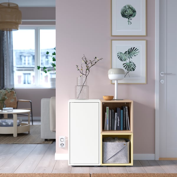 EKET cabinet combination with feet, white/stained oak effect pale yellow, 70x35x72 cm