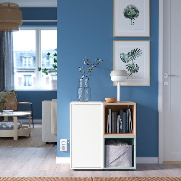 EKET - Cabinet combination with feet, white/stained oak effect light grey-blue, 70x35x72 cm